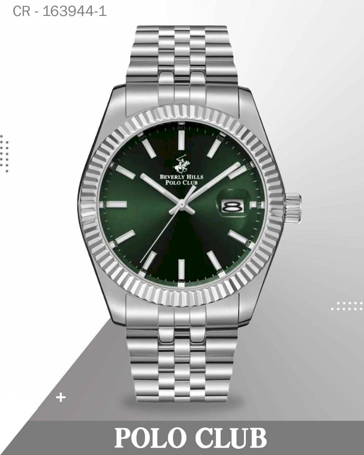 ساعة بولو رجالية تناظرية، مينا أخضر مع سوار من الفولاذ المقاوم للصدأ الفضي، bp3018x.371