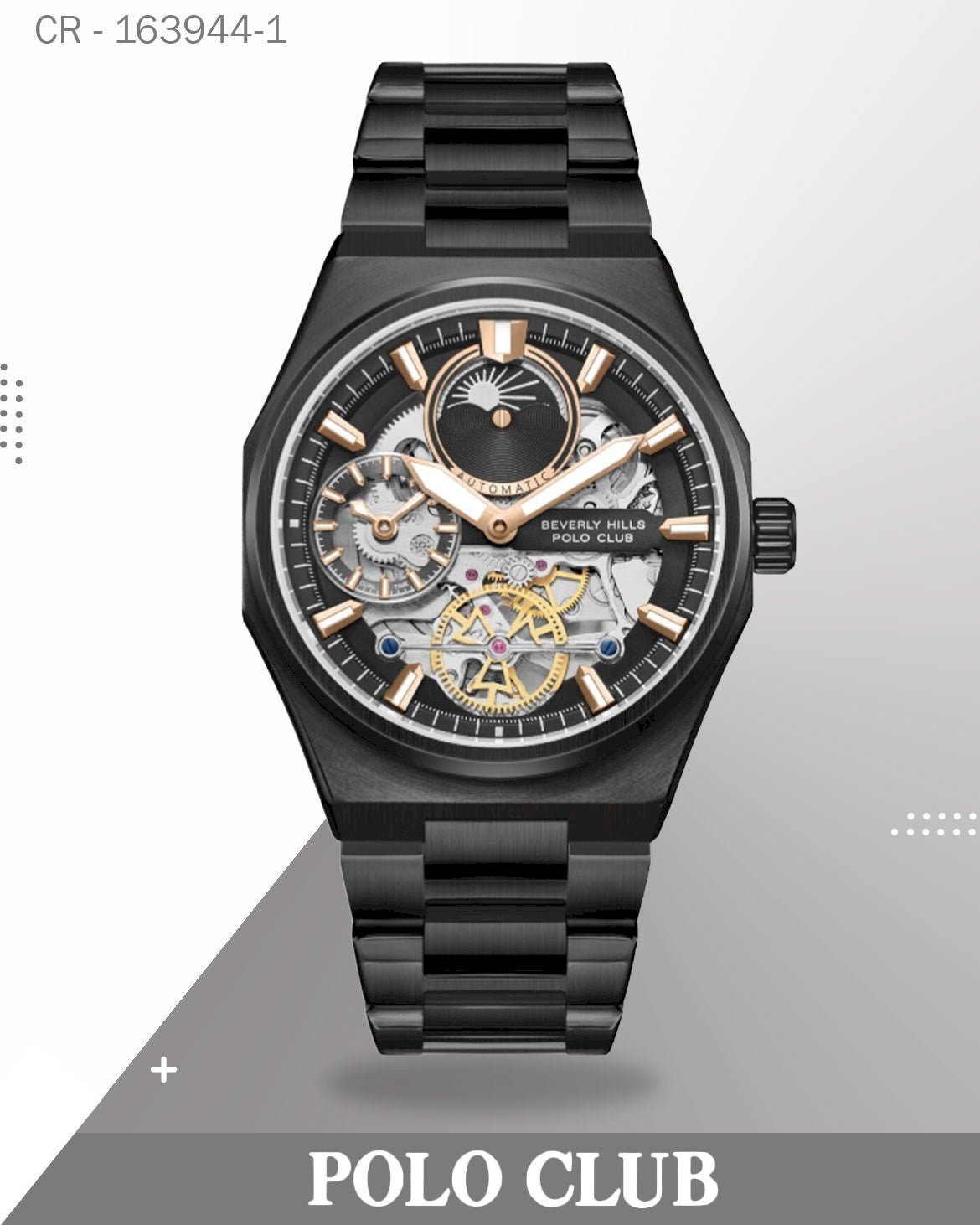 ساعة بولو كلوب رجالية أوتوماتيكية أنالوج بميناء أسود مع سوار من الفولاذ المقاوم للصدأ باللون الأسود، BP3786X.650