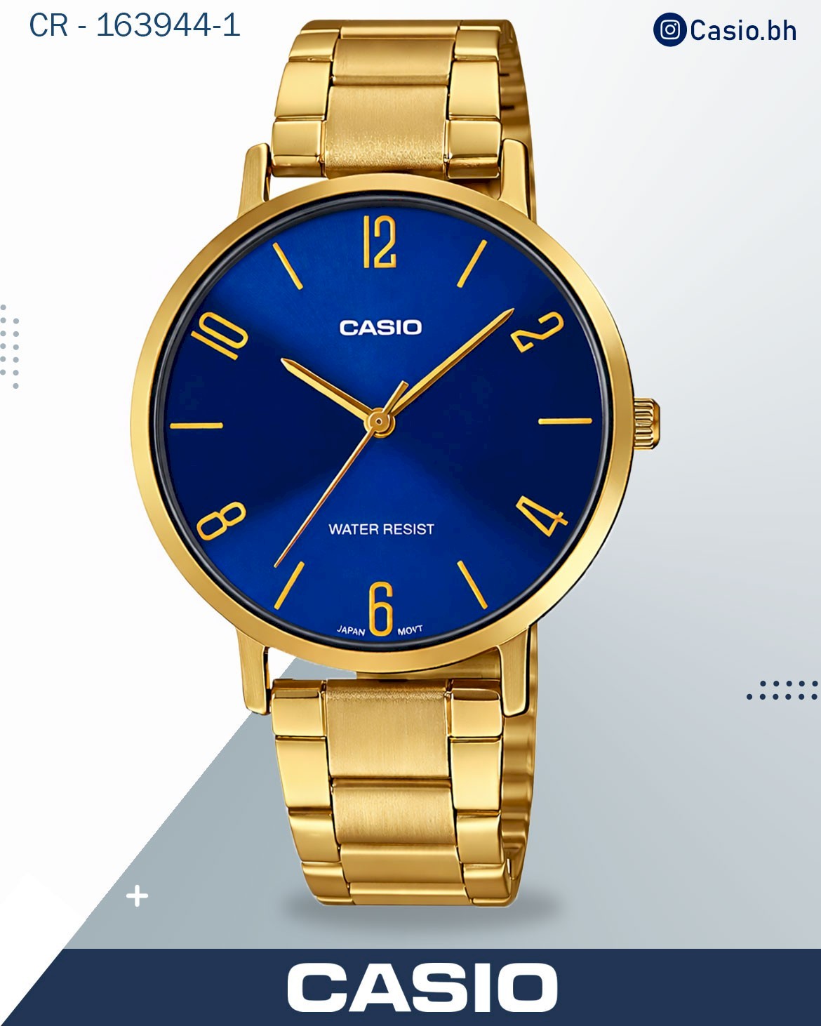 ساعة يد نسائية كاسيو بعقارب كوارتز من الفولاذ المقاوم للصدأ، مينا كحلي مع سوار ذهبي، LTP-VT01G-2BUDF