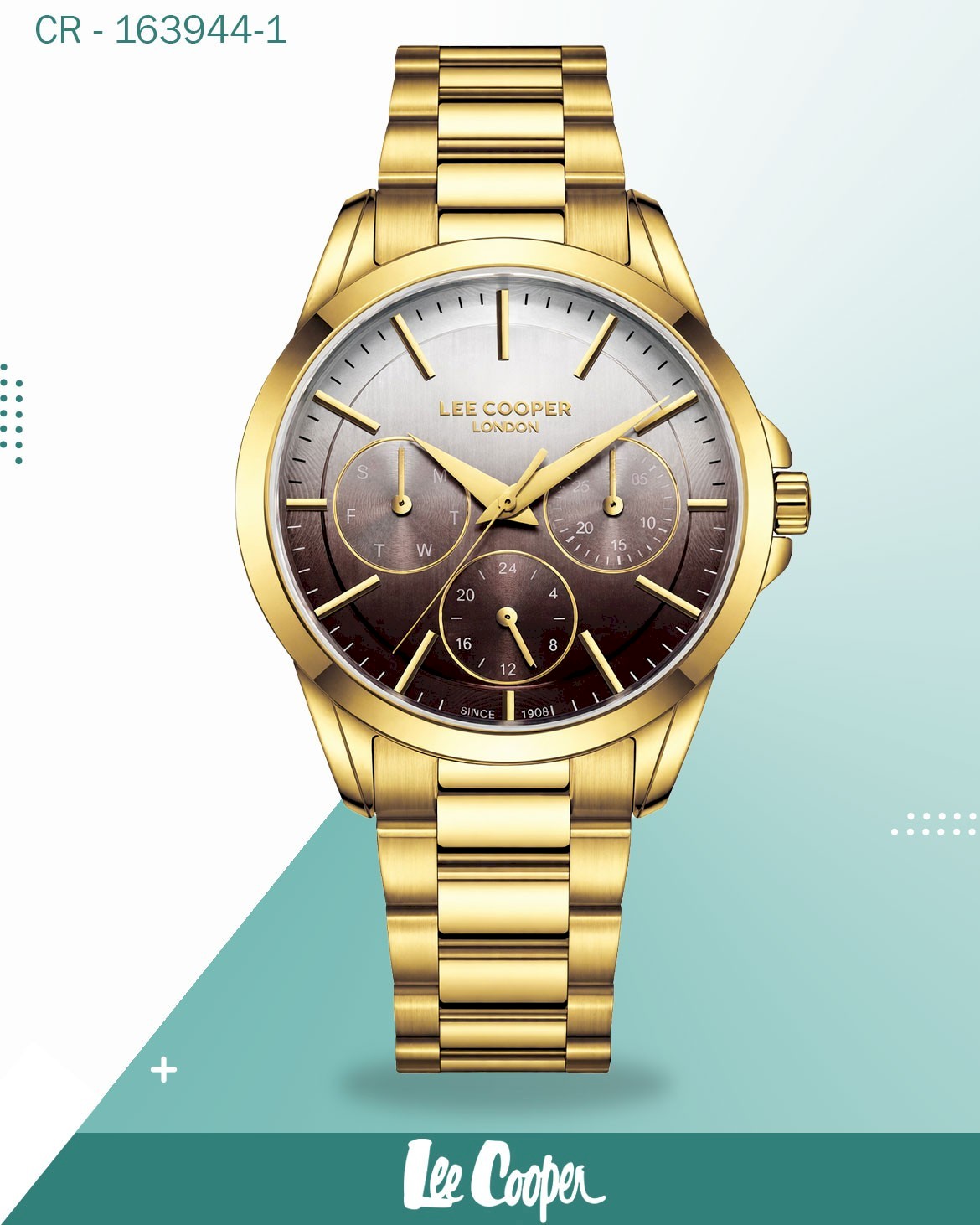 ساعة لي كوبر النسائية التناظرية، مينا بني وفضي مع سوار معدني ذهبي LC08141.150