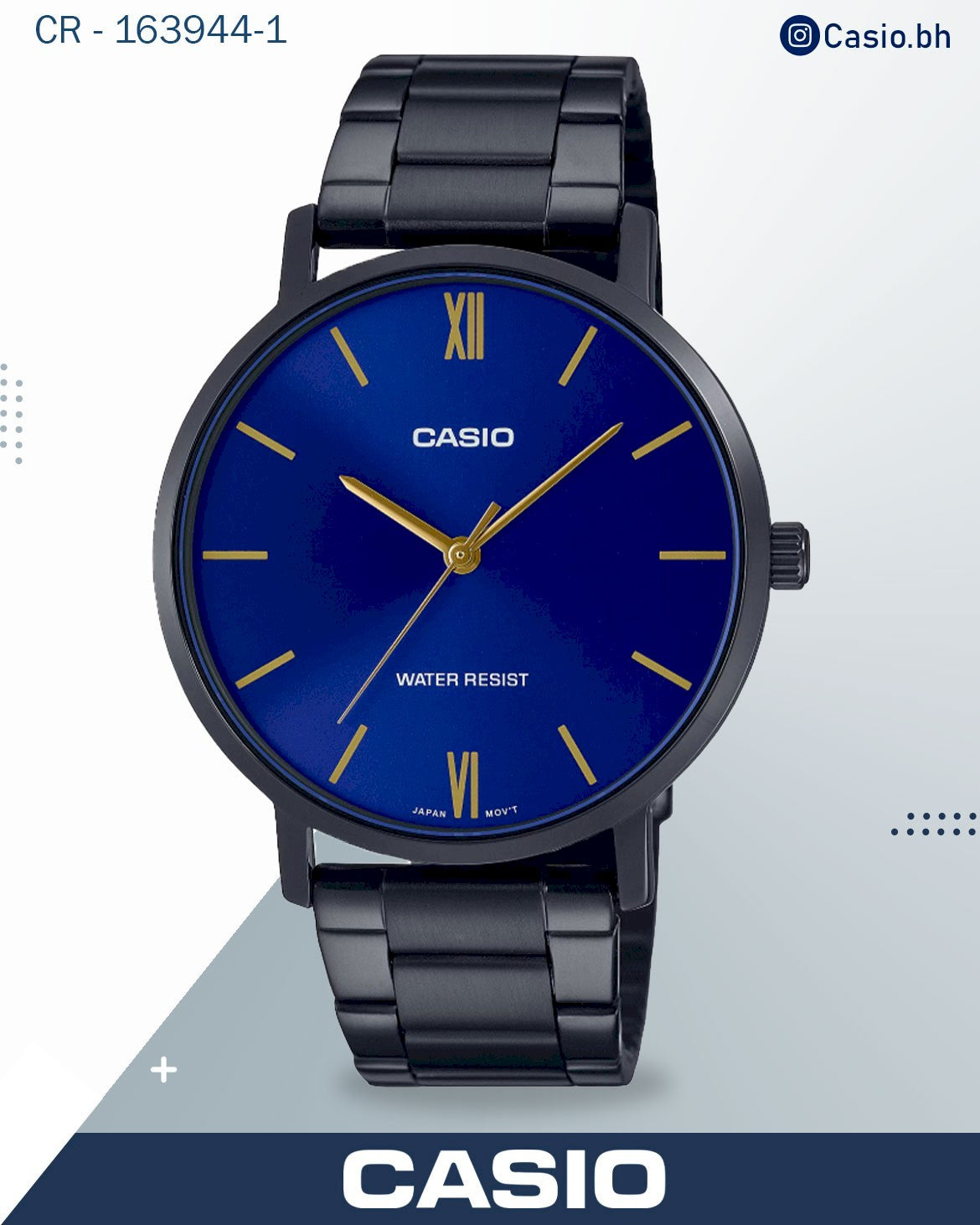 ساعة كاسيو رجالية تناظرية، مينا أزرق، سوار من الفولاذ المقاوم للصدأ الأسود، MTP-VT01B-2BUDF