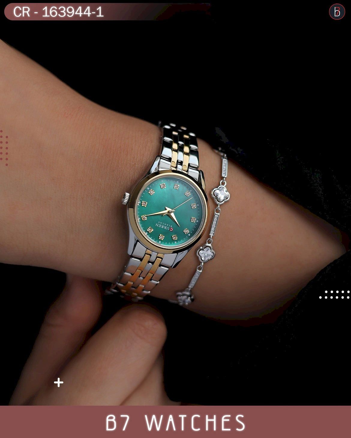 ساعة كورين نسائية بميناء أزرق مع سوار من الفولاذ المقاوم للصدأ بلونين