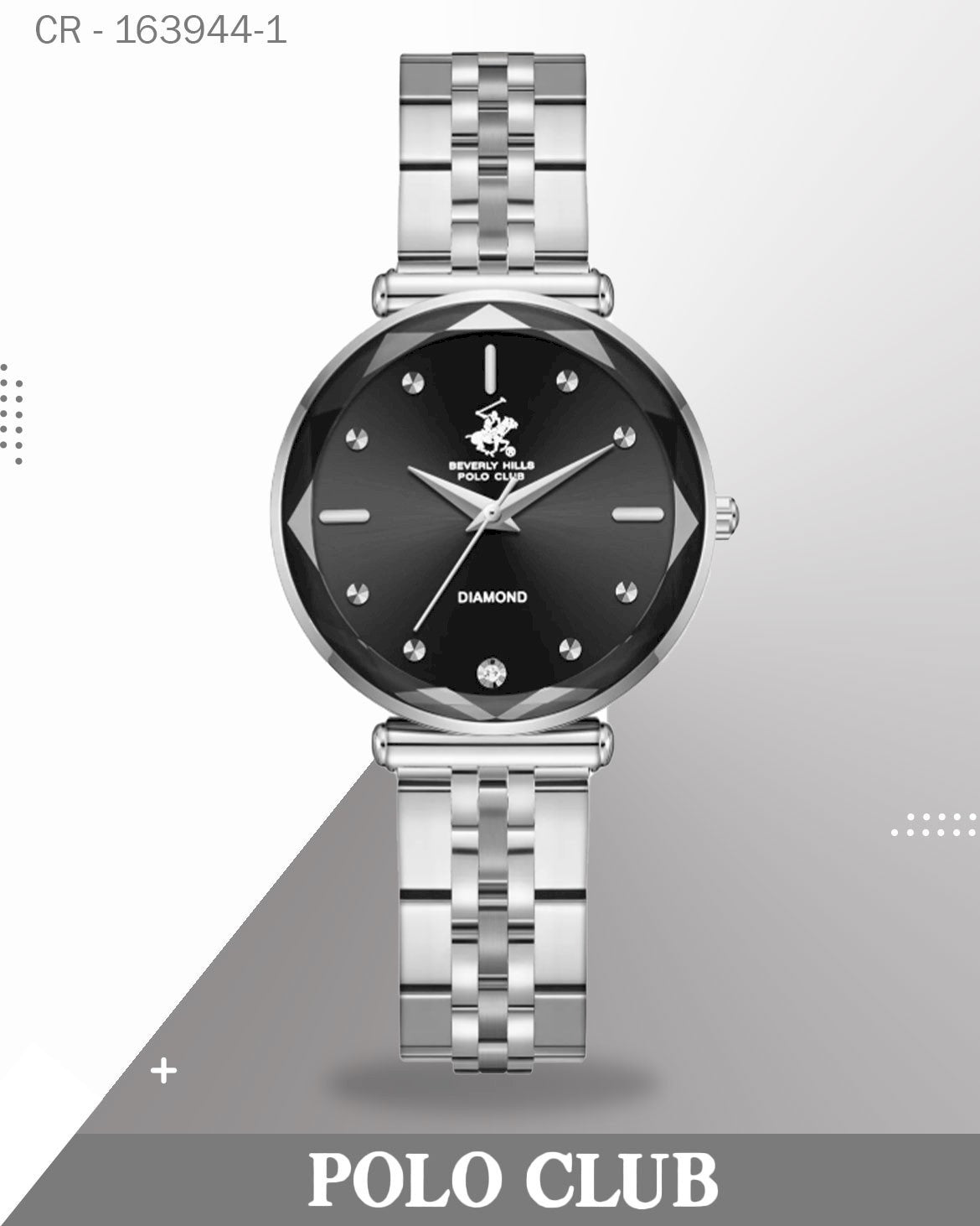 ساعة بولو كلوب رجالية تناظرية بمينا أسود وسوار من الفولاذ المقاوم للصدأ الفضي، BP3761X.350