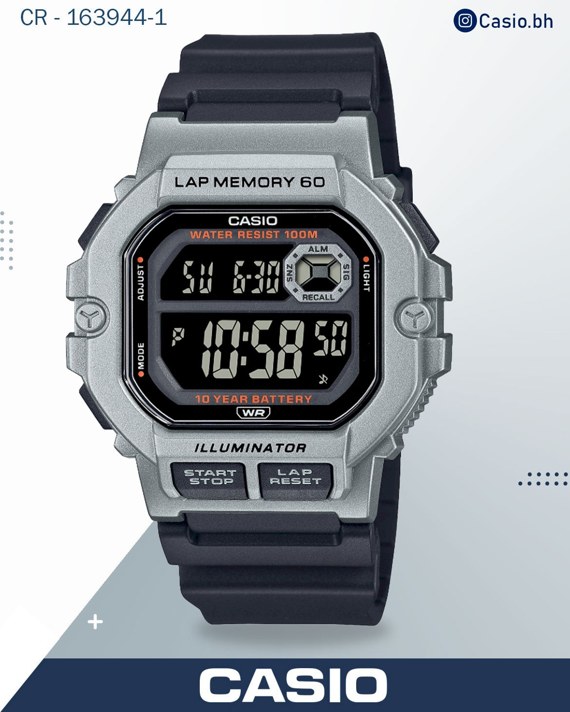 ساعة كاسيو رجالية رقمية، مينا أسود وسوار من الراتنج الأسود، WS-1400H-1BVDF