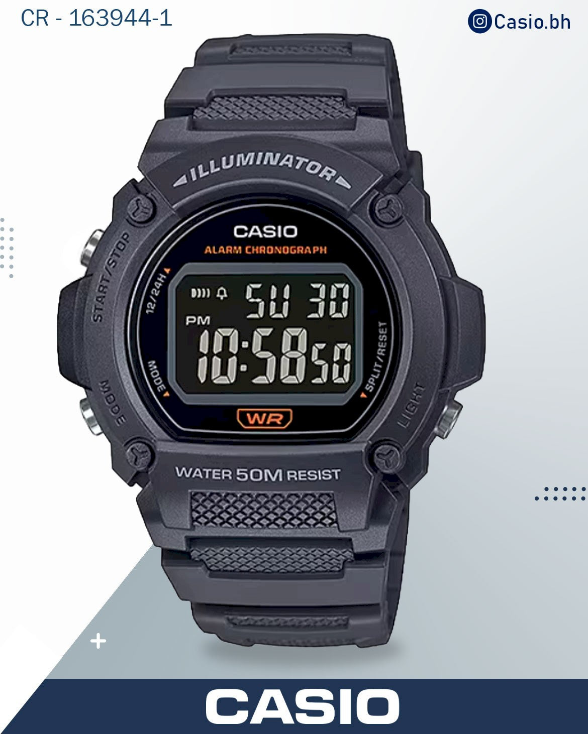 ساعة كاسيو رجالية رقمية، مينا أسود، سوار من الراتنج البرتقالي، W-219H-4AVDF