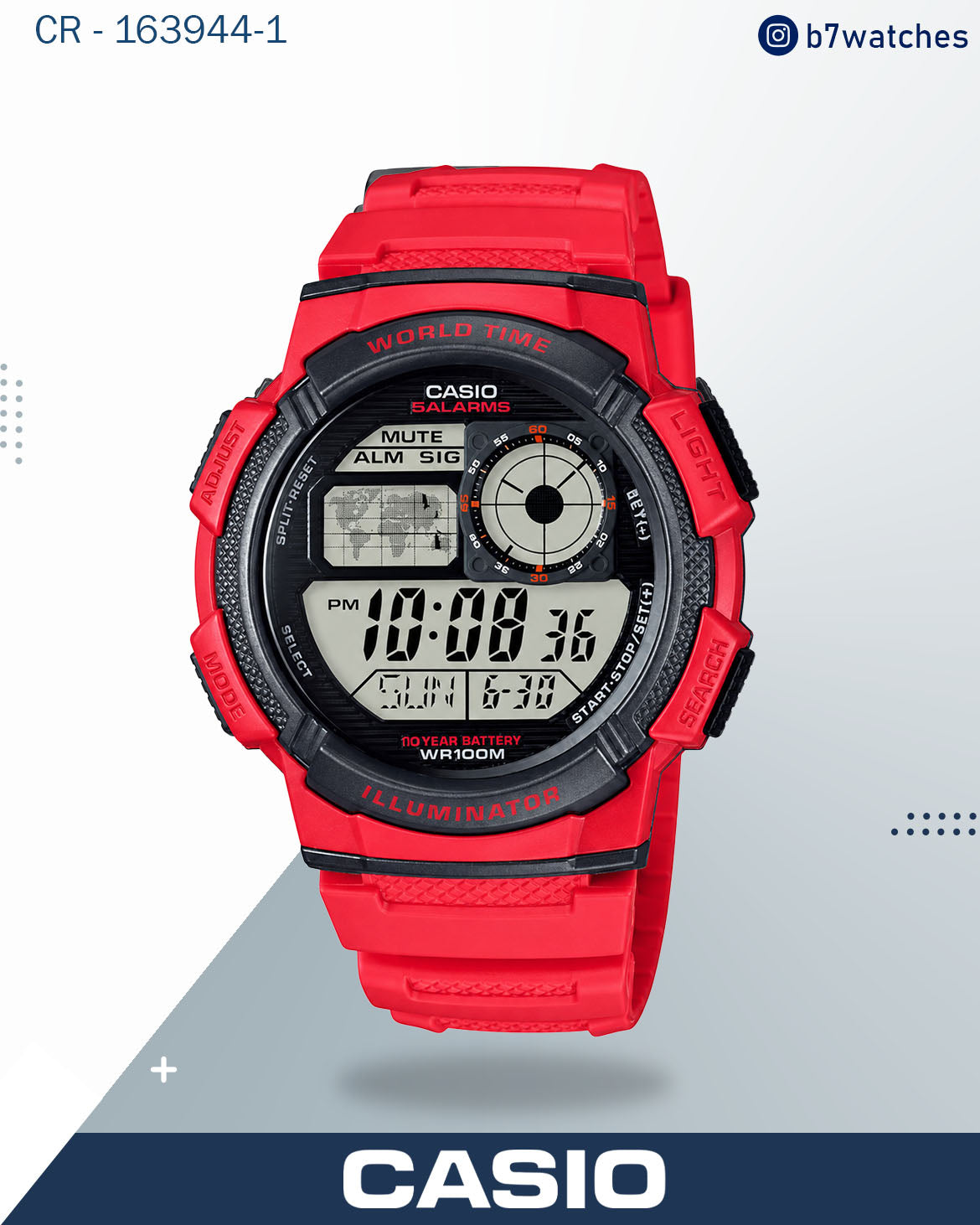 ساعة كاسيو رجالية من مجموعة سبورت الرقمية، مينا أسود وسوار سيليكون أحمر، AE-1000W-4AVDF