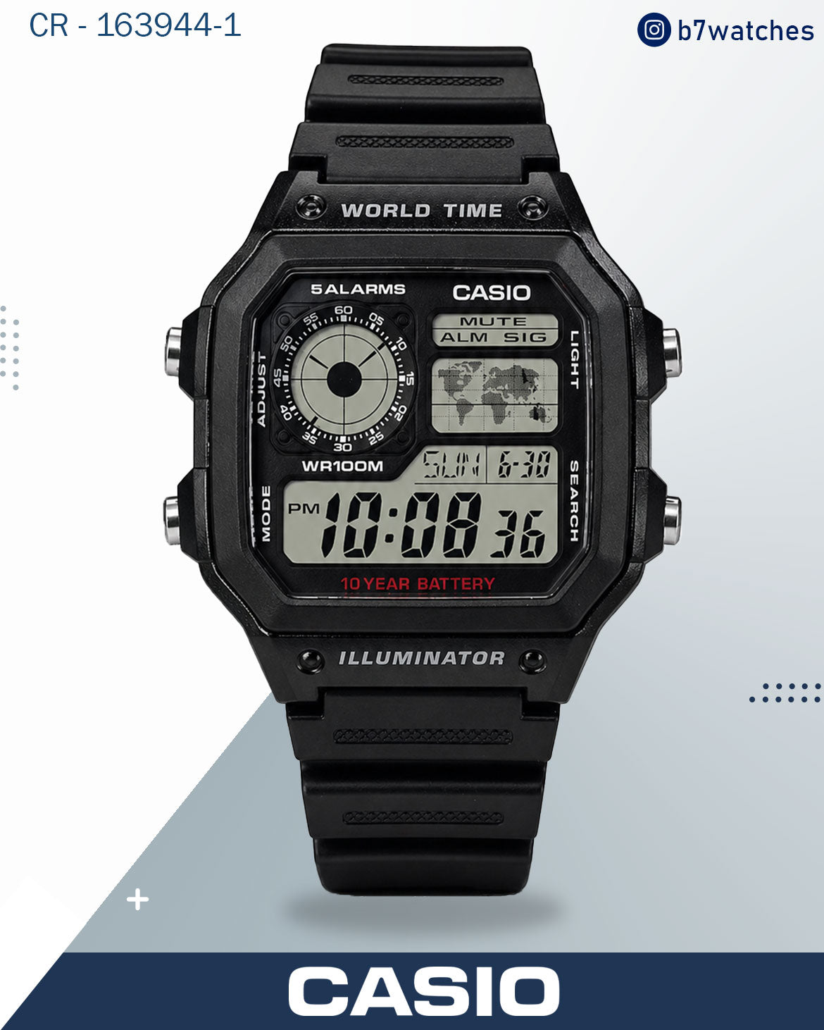 ساعة كاسيو رجالية رقمية، مينا أسود، سوار من الراتنج الأسود، AE-1200WH-1BVDF