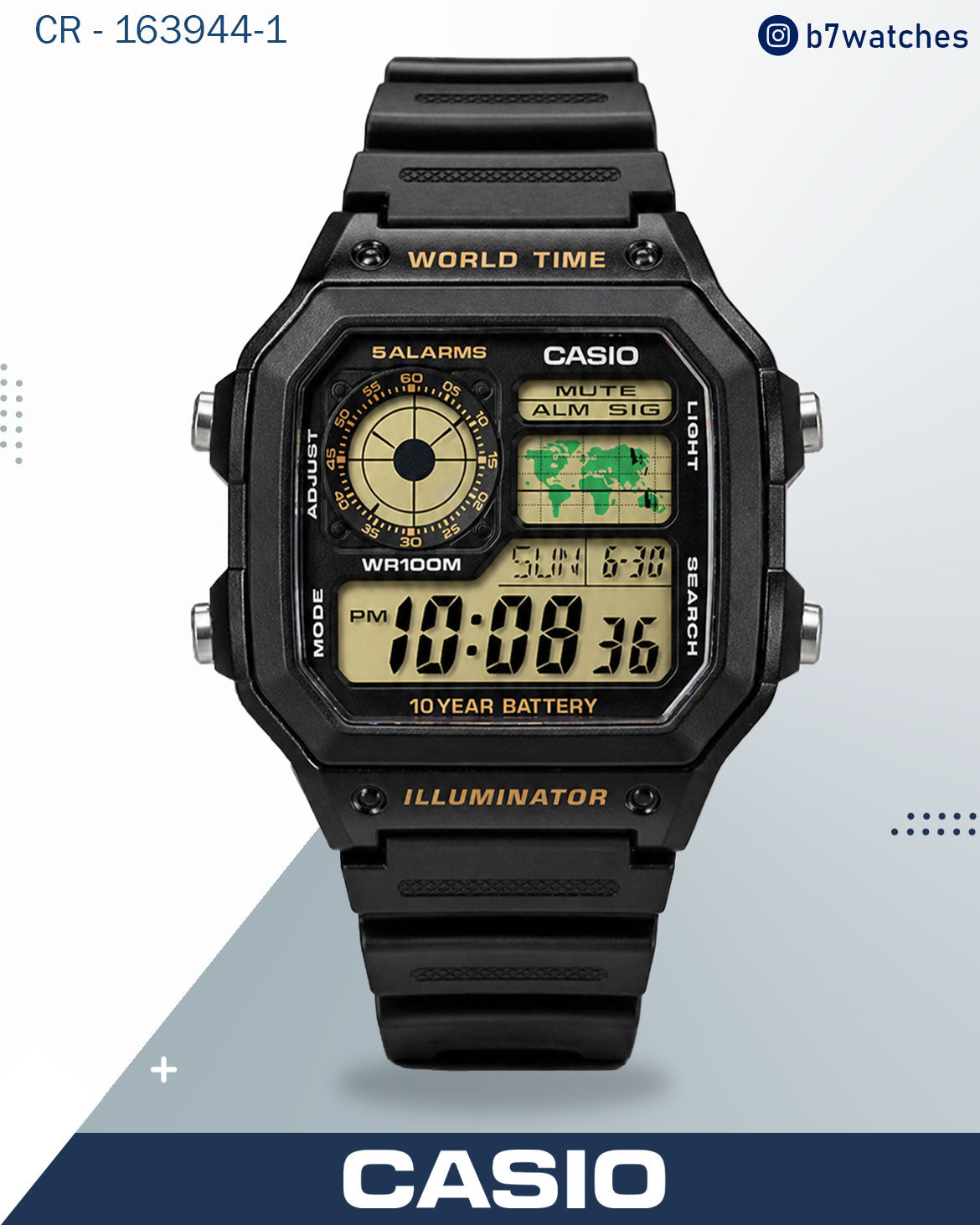 ساعة كاسيو رجالية رقمية، مينا أسود، سوار من الراتنج الأسود، AE-1200WH-1BVDF