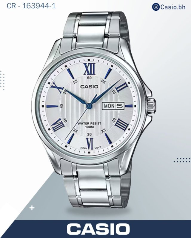 ساعة كاسيو رجالية تناظرية، مينا أبيض، سوار من الفولاذ المقاوم للصدأ الفضي، MTP-1384D-7A2VD