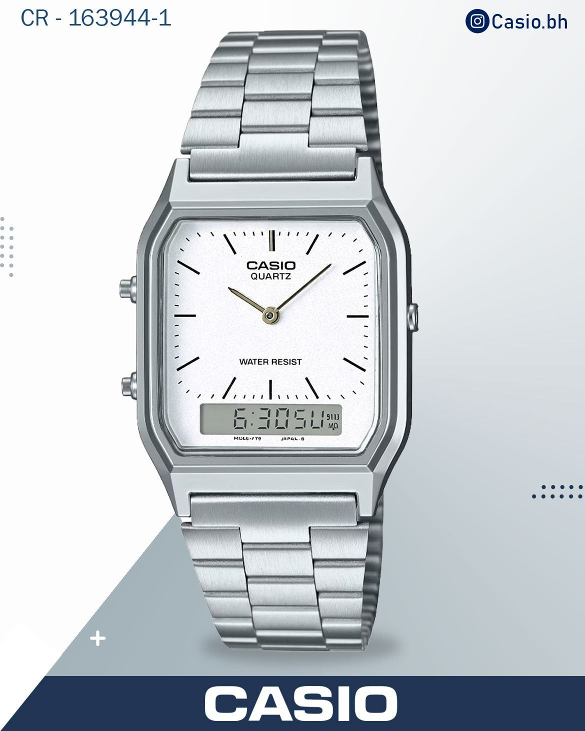 ساعة كاسيو رجالية من مجموعة فينتج، تناظرية-رقمية، مينا فضي، ستانلس ستيل أبيض ، AQ-230A-7AMQYDF