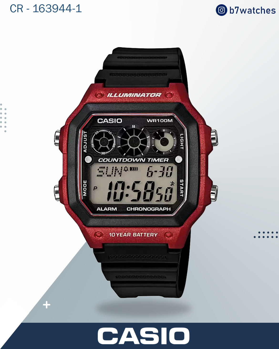ساعة كاسيو رجالية رقمية، مينا أسود، سوار من الراتنج الأسود، AE-1300WH-4AVDF