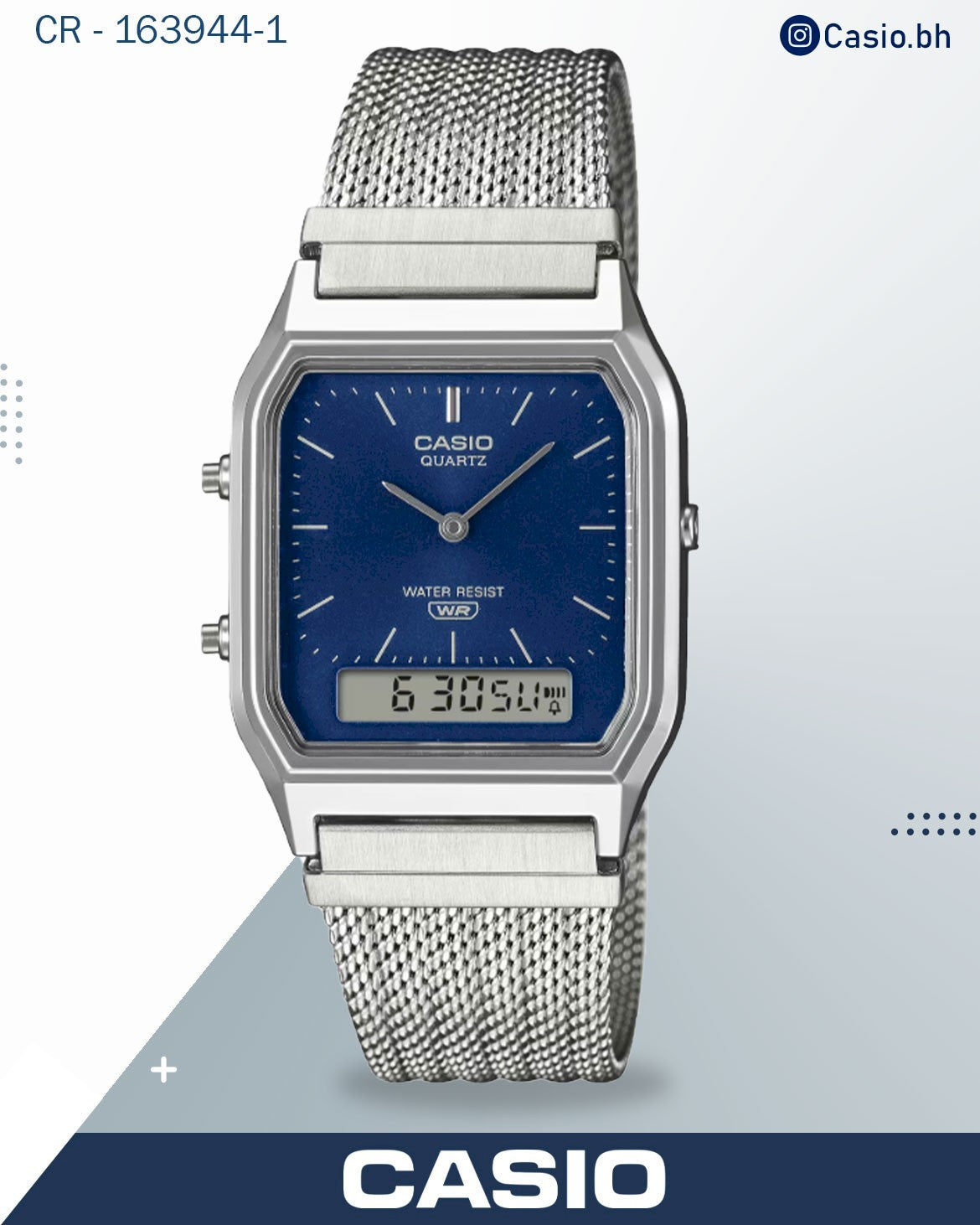 ساعة كاسيو تناظرية ورقمية، مينا أزرق، سوار شبكي من الفولاذ المقاوم للصدأ، AQ230EM-2A