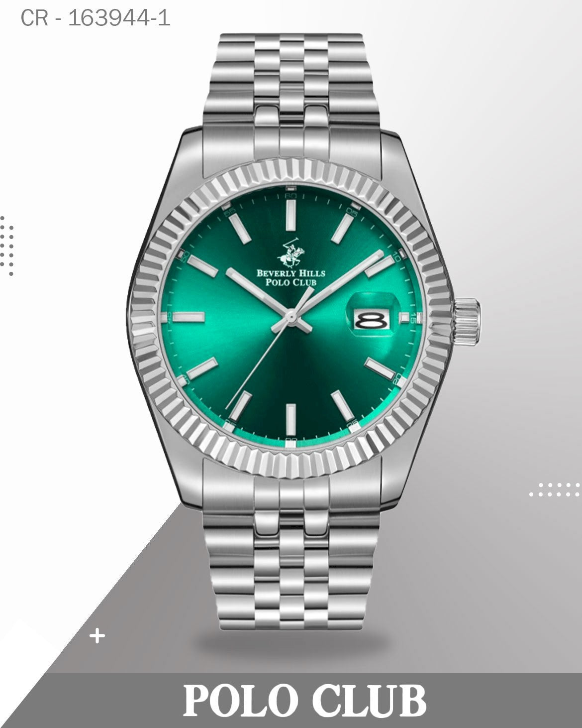 ساعة بولو كلوب رجالية أنالوج بميناء أخضر مع سوار فضي، BP3018X.392