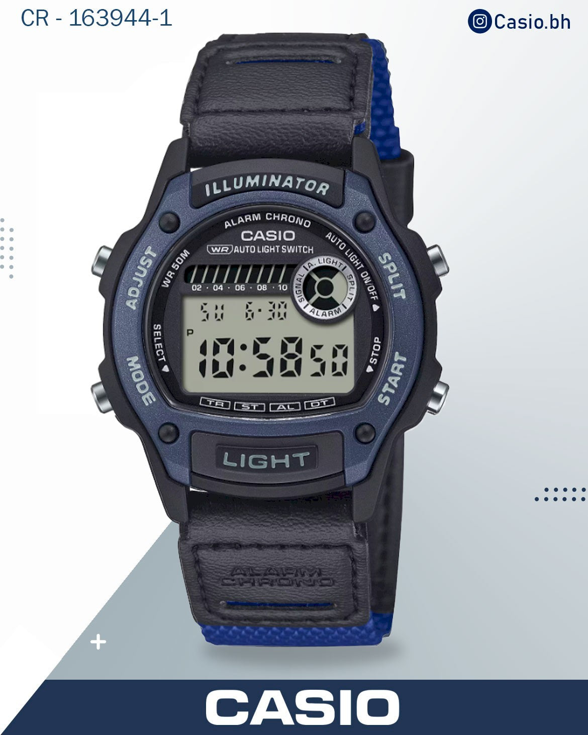 ساعة كاسيو نسائية بمينا رقمي وسوار من الجلد والقماش الأزرق، W-220HF-8AVDF