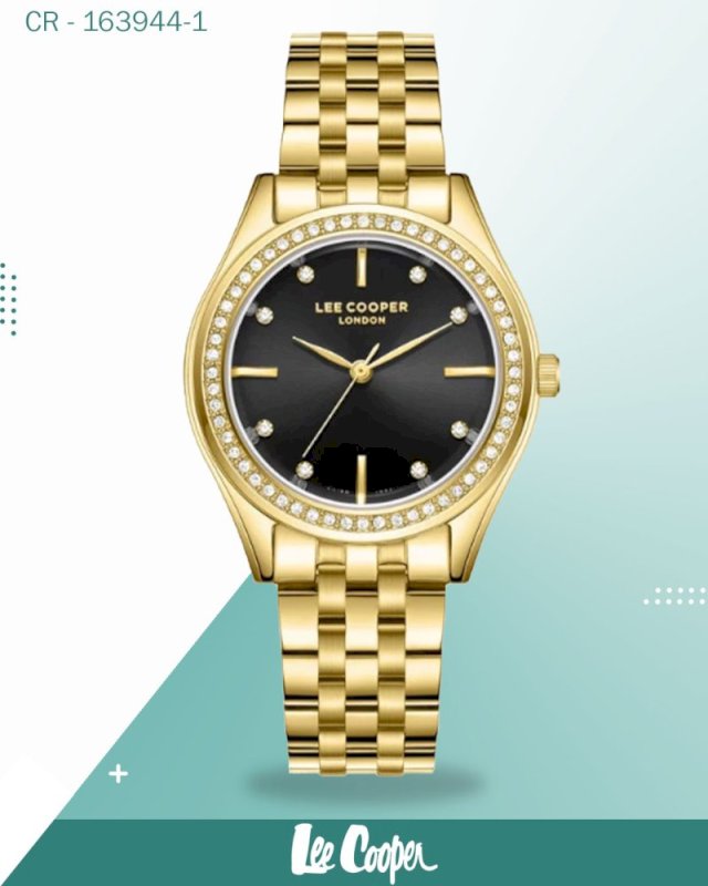 ساعة لي كوبر النسائية التناظرية ذات المينا السوداء والسوار المعدني الذهبي، LC08211.190