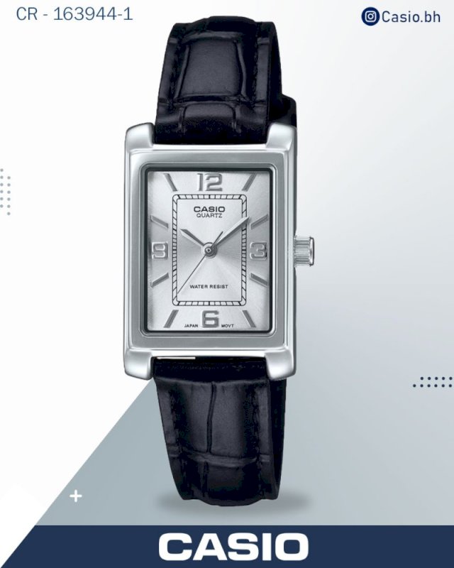 ساعة كاسيو نسائية تناظرية بمينا فضي وسوار جلدي أسود، ltp-1234ll-7a