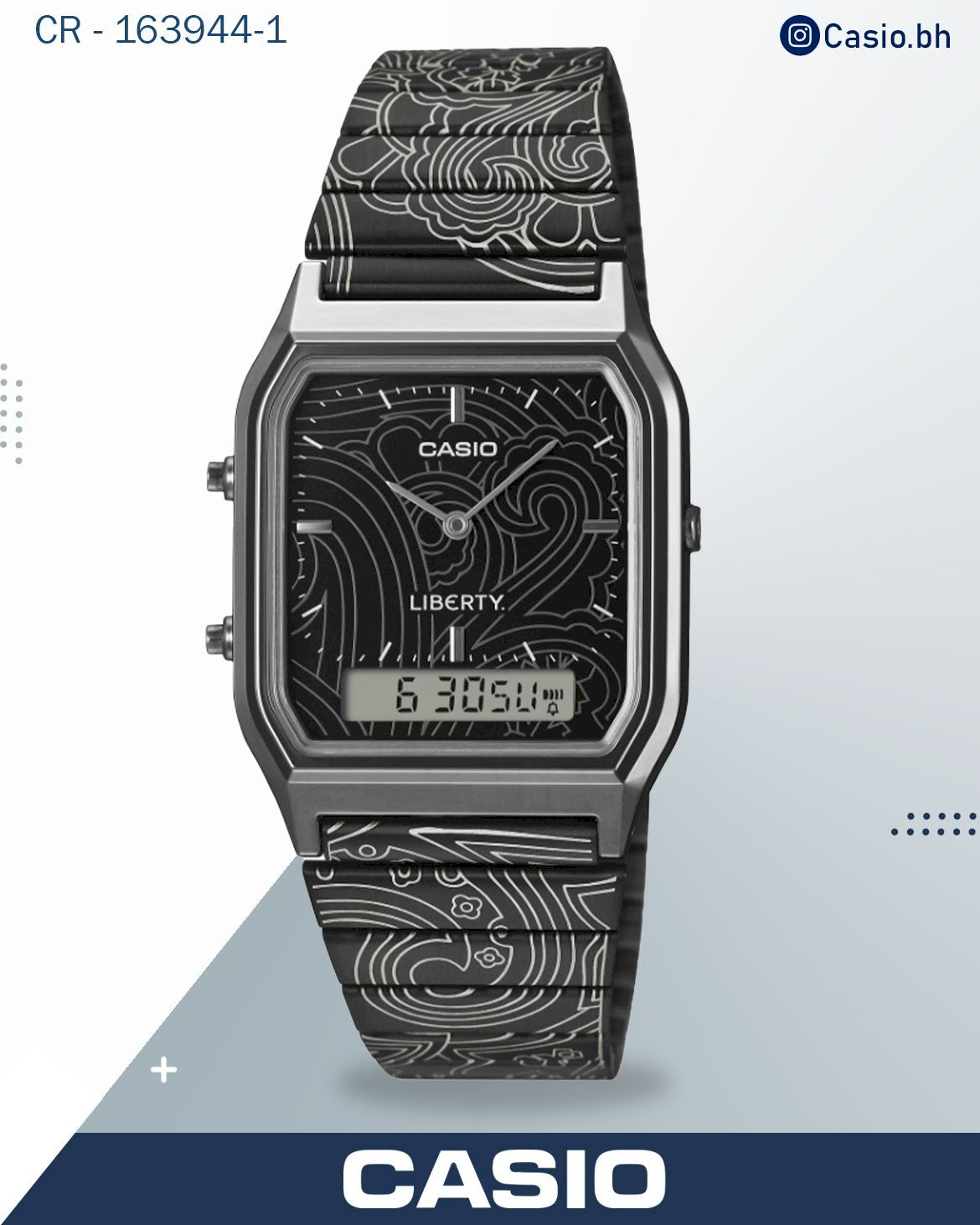 ساعة كاسيو رجالية ليبرتي، مينا أسود وسوار من الفولاذ المقاوم للصدأ، AQ-230EBLT-1A