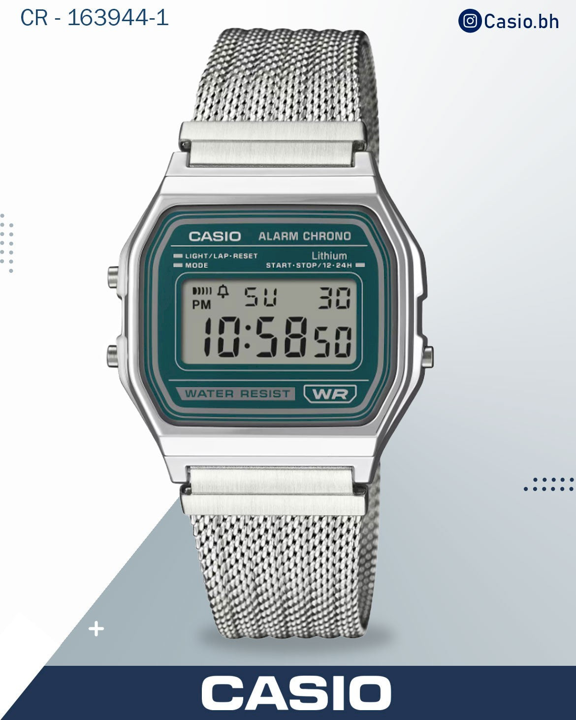ساعة كاسيو رقمية كلاسيكية، مينا أبيض، سوار من الفولاذ المقاوم للصدأ الفضي، A158WEM-7