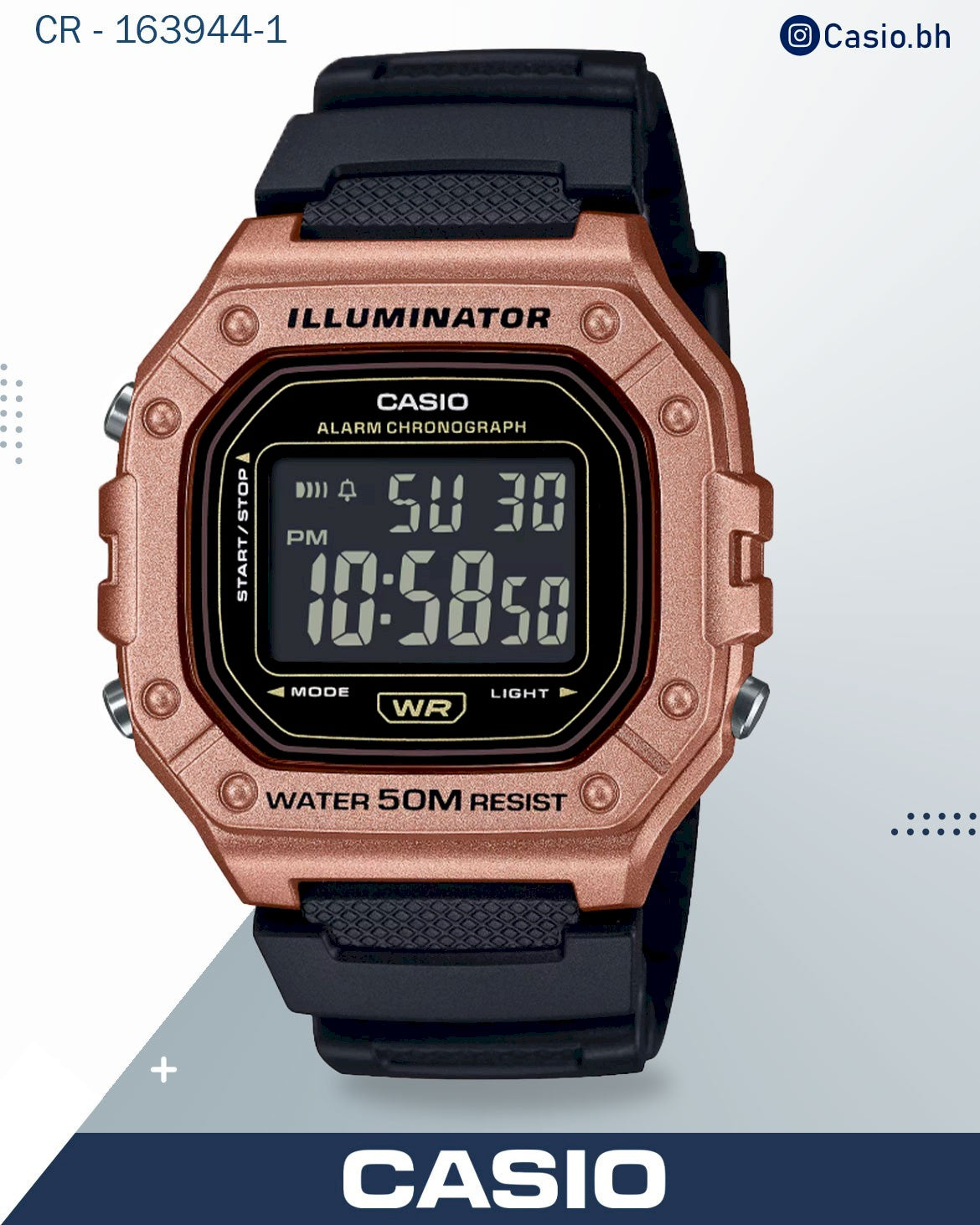 ساعة كاسيو رجالية رقمية، هيكل ذهبي وردي، سوار من الراتنج الأسود، W-218HM-5BVDF