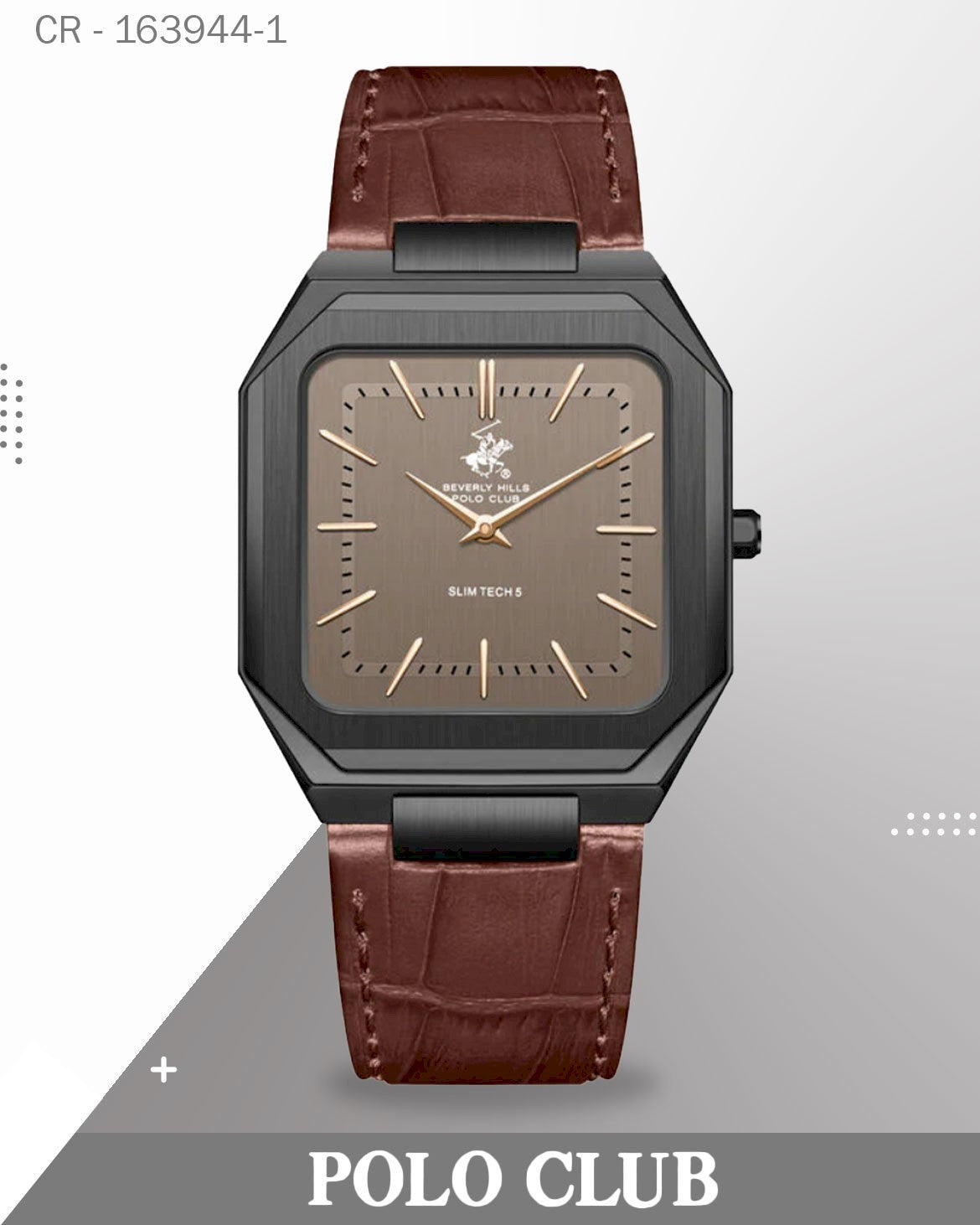 ساعة بولو كلوب رجالية تناظرية، مينا رمادي مع سوار جلدي بني، BP3865X.062